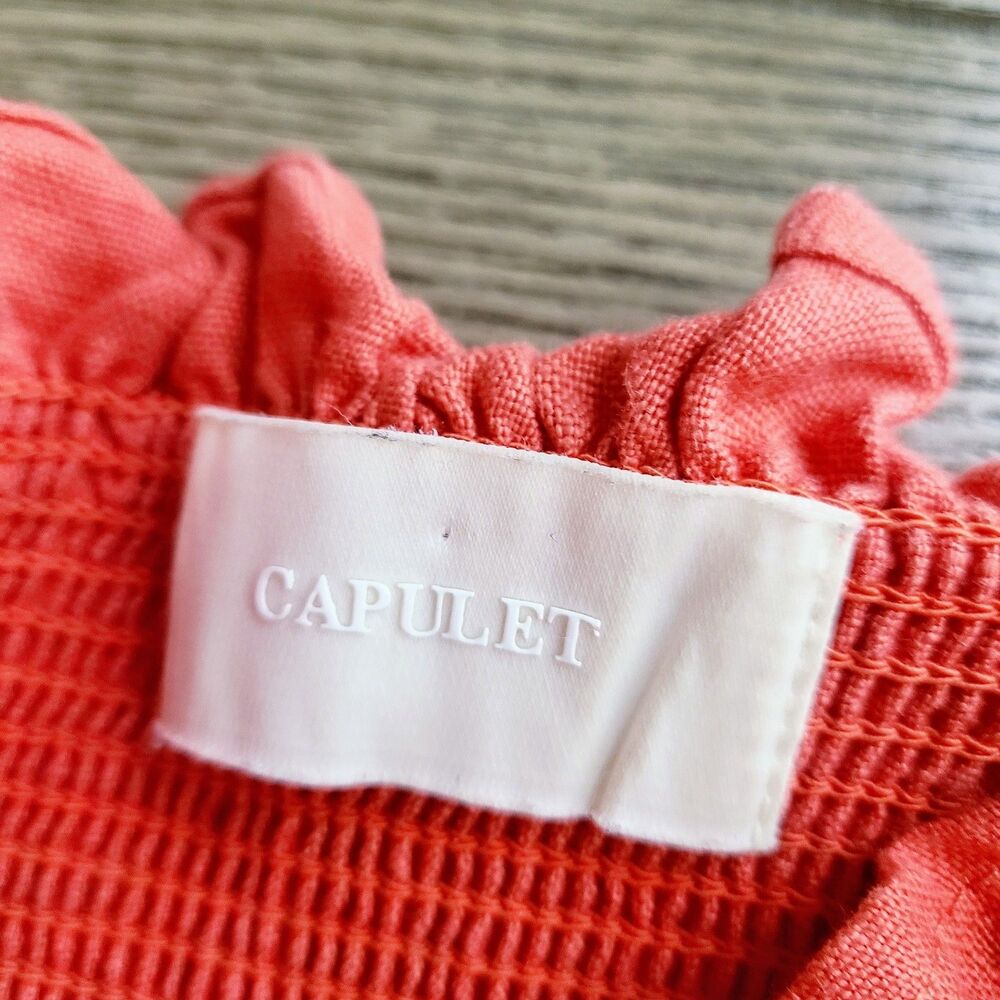 Revolve Capulet Linen Mini‎ Dress L Orange Smocked Resort Vacation - Picture 6 of 11